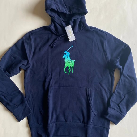Polo Ralph Lauren Ombre Big Pony Logo Fleece Pullover Hoodie Sweatshirt Navy